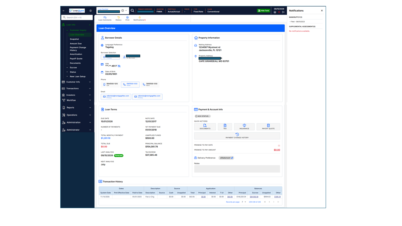 LoanQuest loan overview screen showing borrower details, property information, loan terms, and transaction history